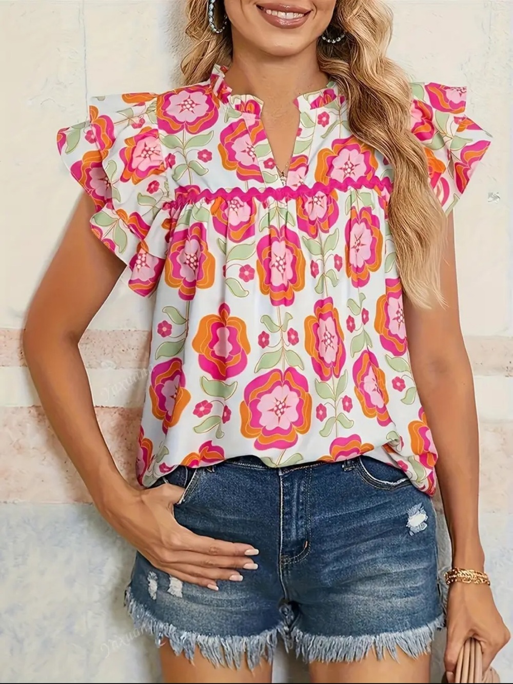 Women’s Pink Floral Flutter Sleeve Blouse